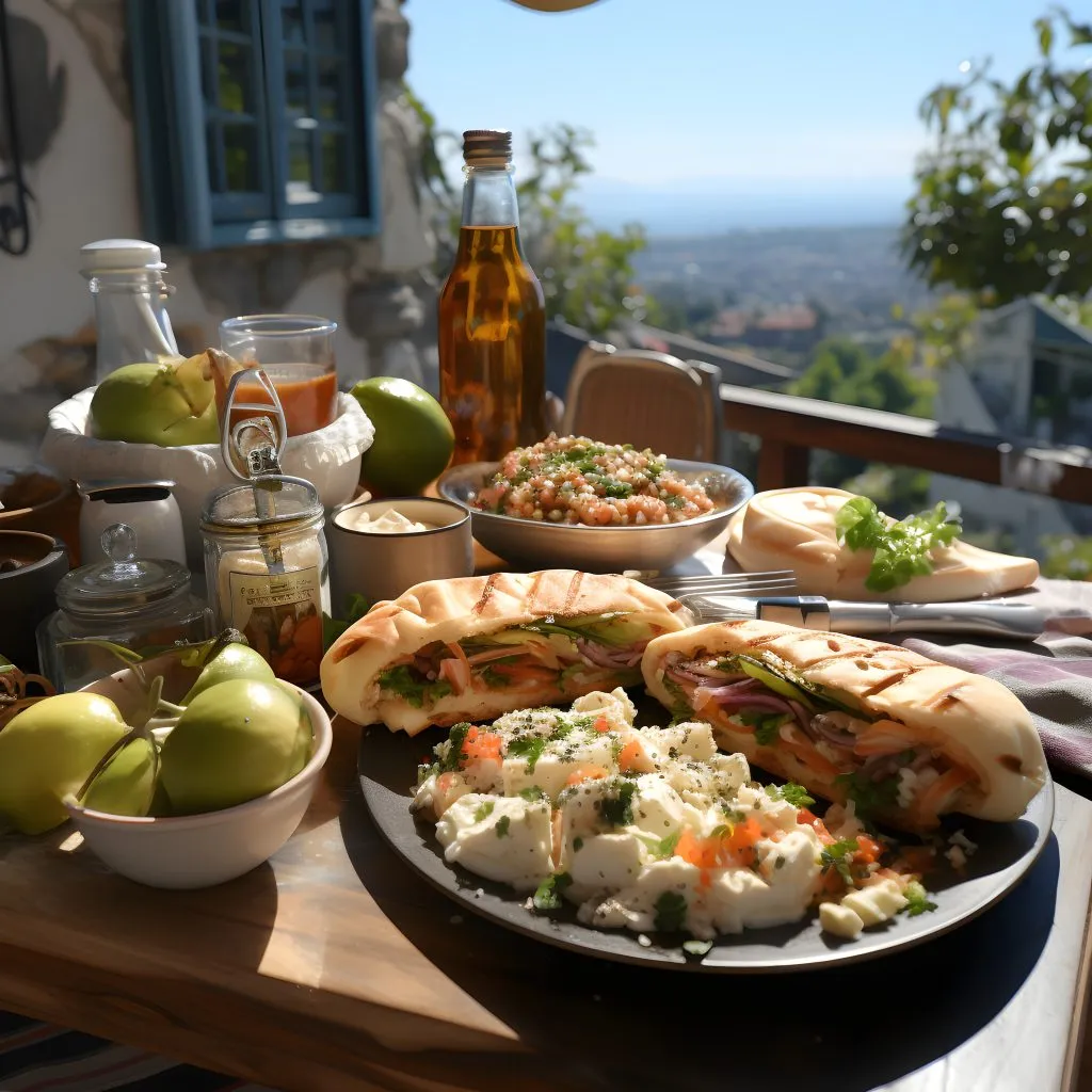 Souvlaki deliciosa comida en el fondo de la hermosa costa griega